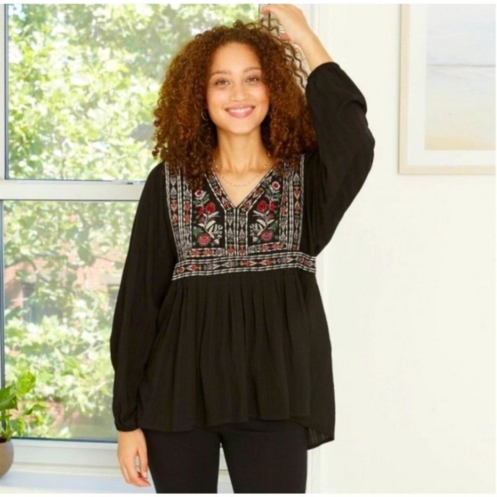 Knox Rose Small Boho Embroidered Peasant Cottage Floral Longsleeve‎ Flowy Top - Picture 12 of 12